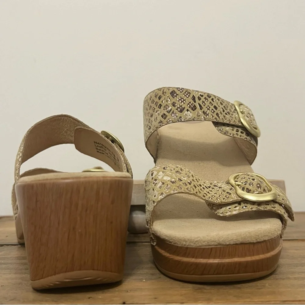Dansko Snake Print Leather Two Strap Sandals Neutral Matte Gold Metal Buckles